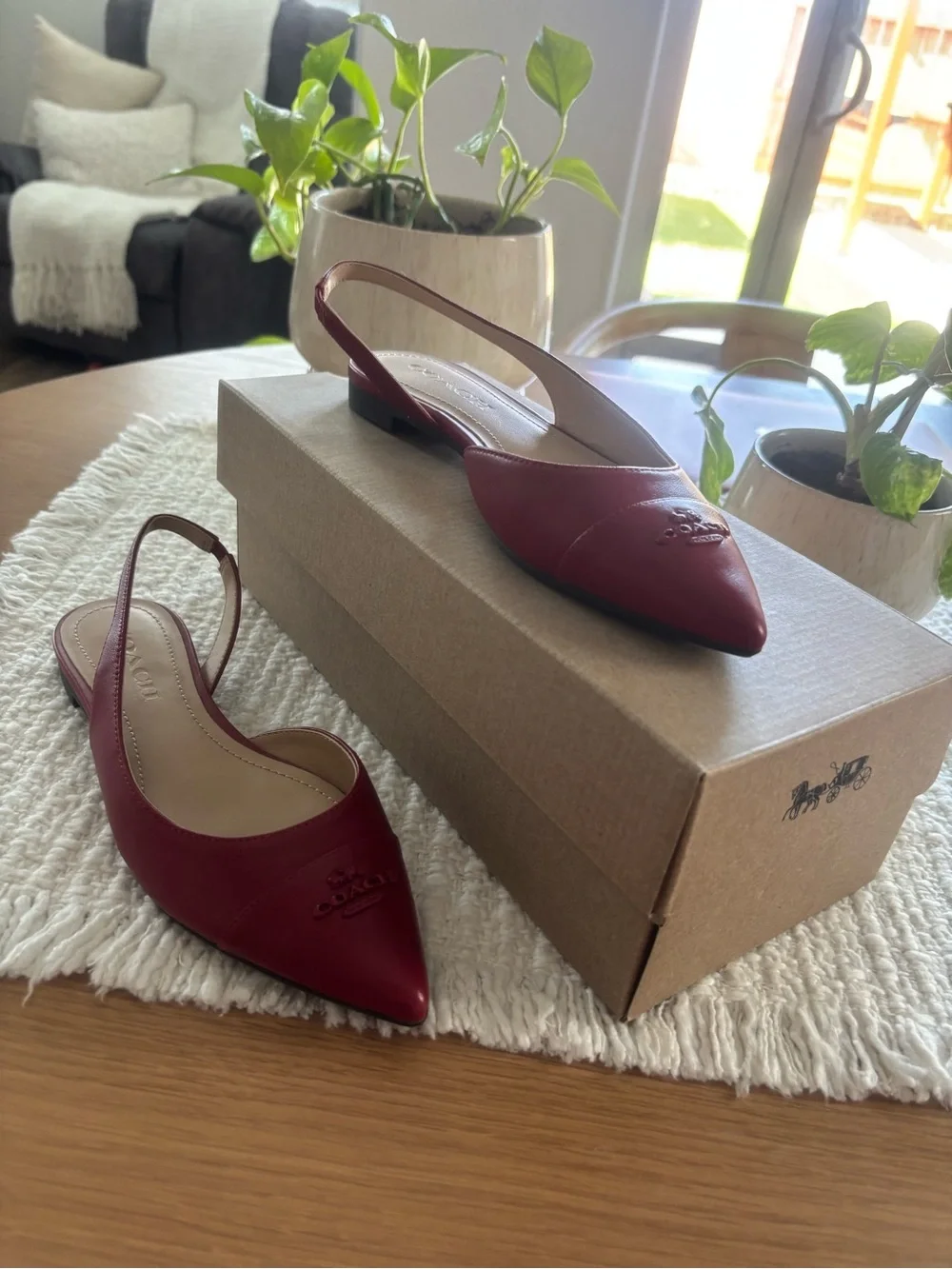 Coach Women's Burgundy Leather Pointed-Toe Slingback Flats